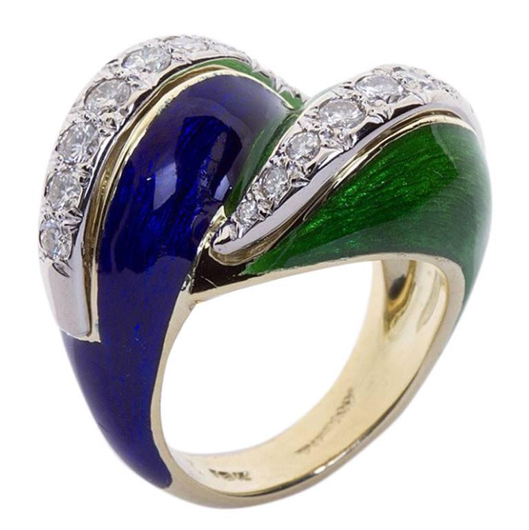 Tiffany & Co. Blue and Green Enamel "Paillonné" Ring