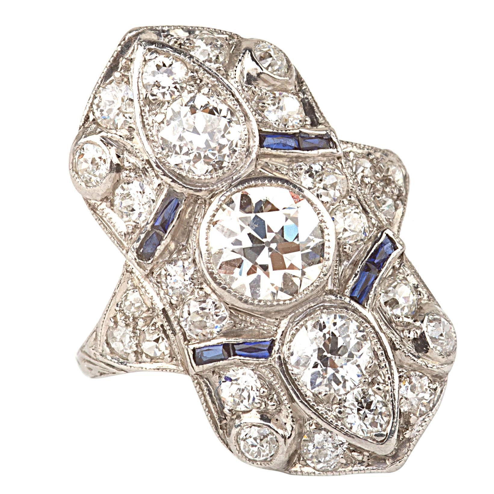 1930s Art Deco Sapphire Diamond Platinum Cocktail Ring