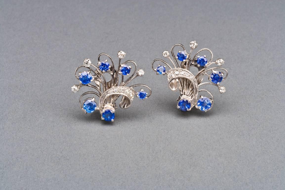 Sapphire Diamond Platinum Floral Spray Earrings 4