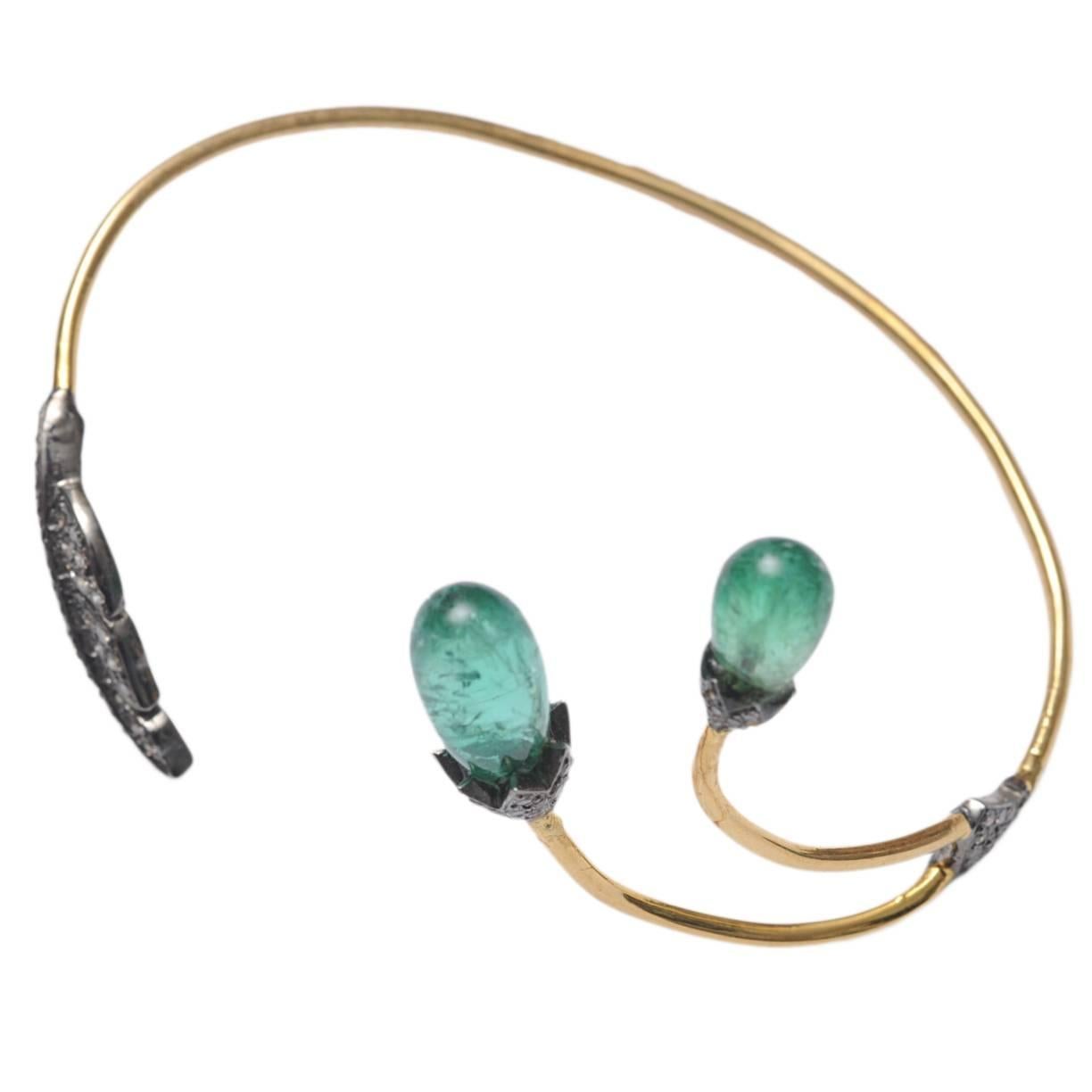 Tumbled Emerald, Pavé Diamond and 18 Karat Gold Wrap Bracelet