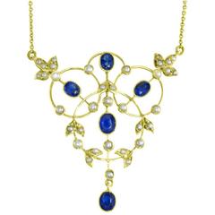 Blue Sapphire Pearl Gold Chain Link Necklace 12