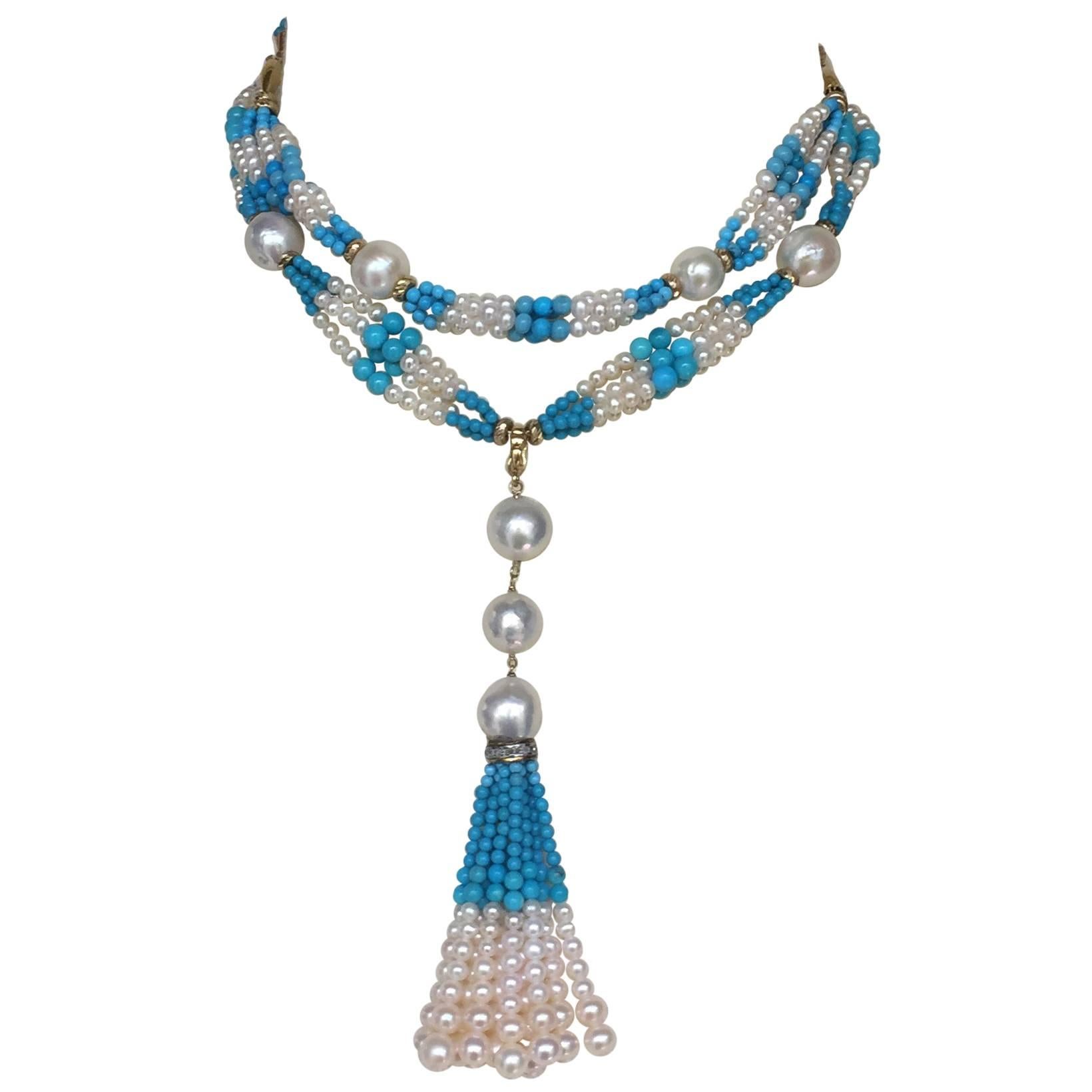 Marina J. Cluster Pearl & Turquoise Long Sautoir with 14k Yellow Gold and Tassel