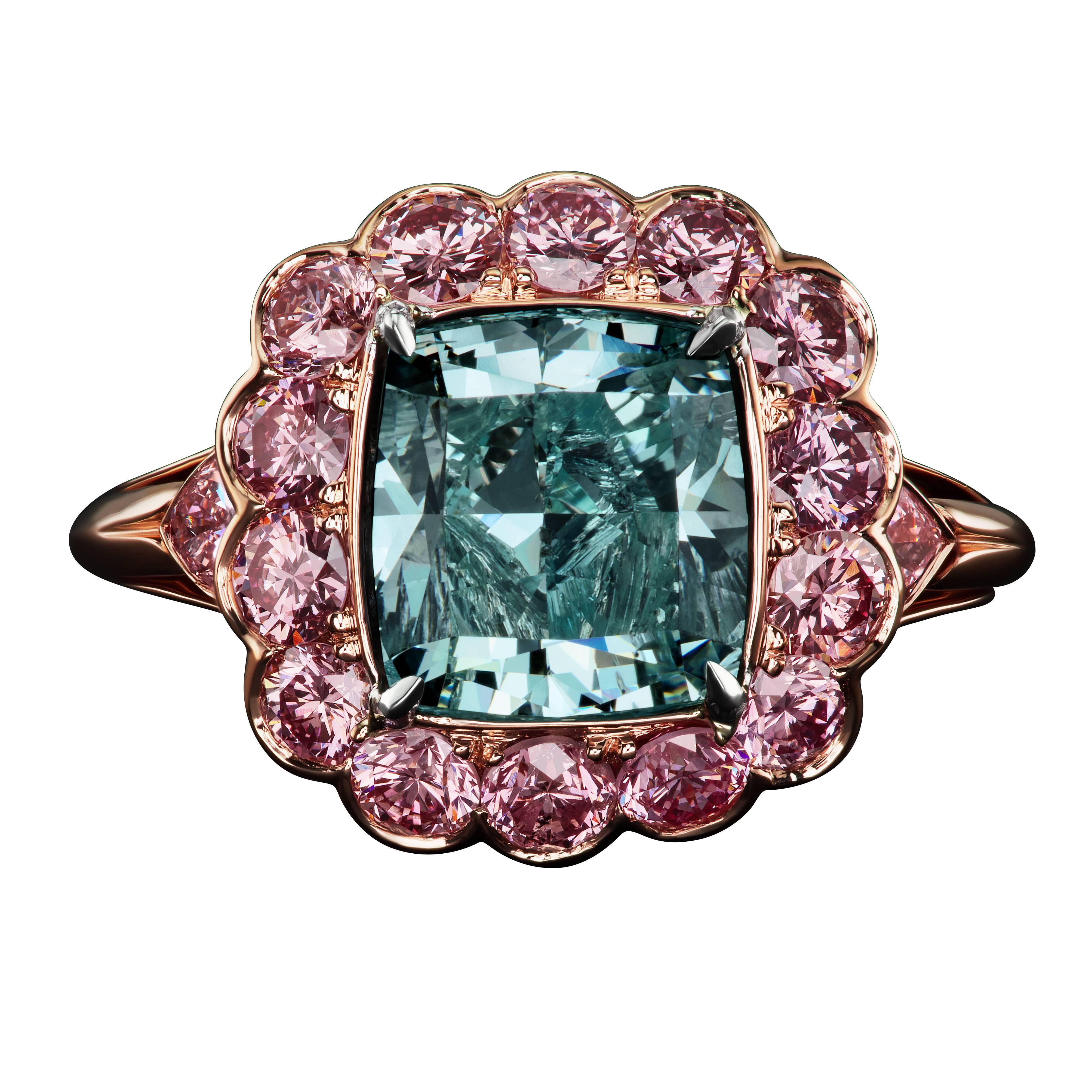 David Rosenberg 4.16 Carat GIA Fancy Intense Blue Green Cushion Cut Diamond Ring