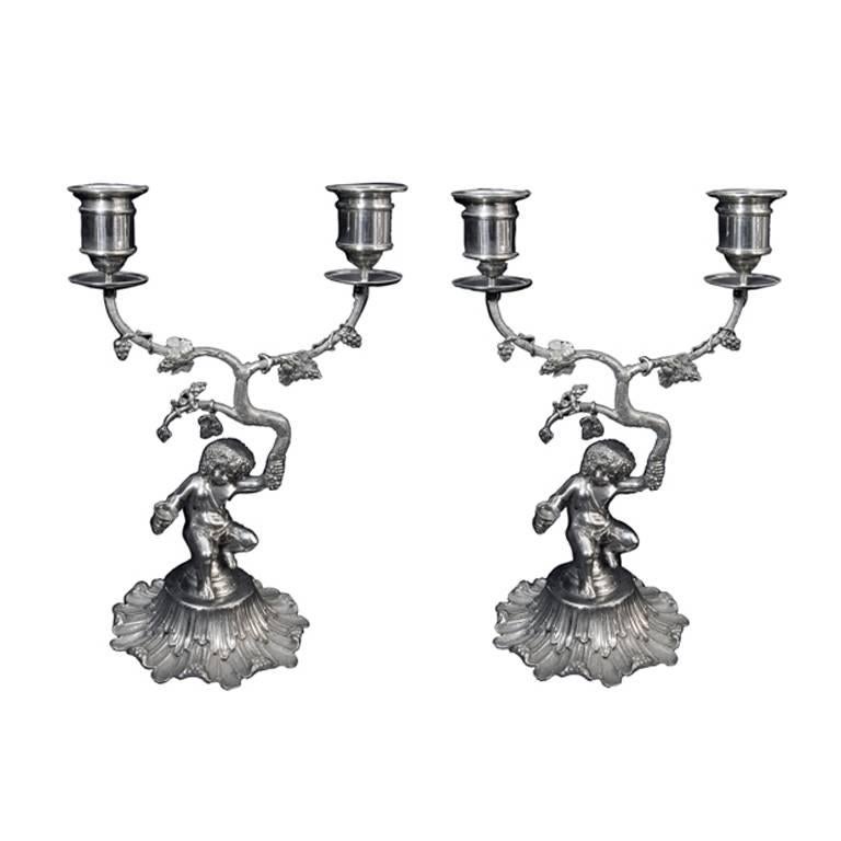 Antique English Silver Bacchanalian Pair of Candelabra Suite For Sale