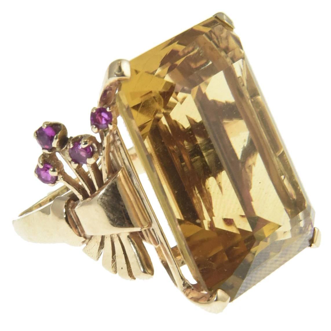 1940s Retro Citrine and Ruby Rose Gold Ring