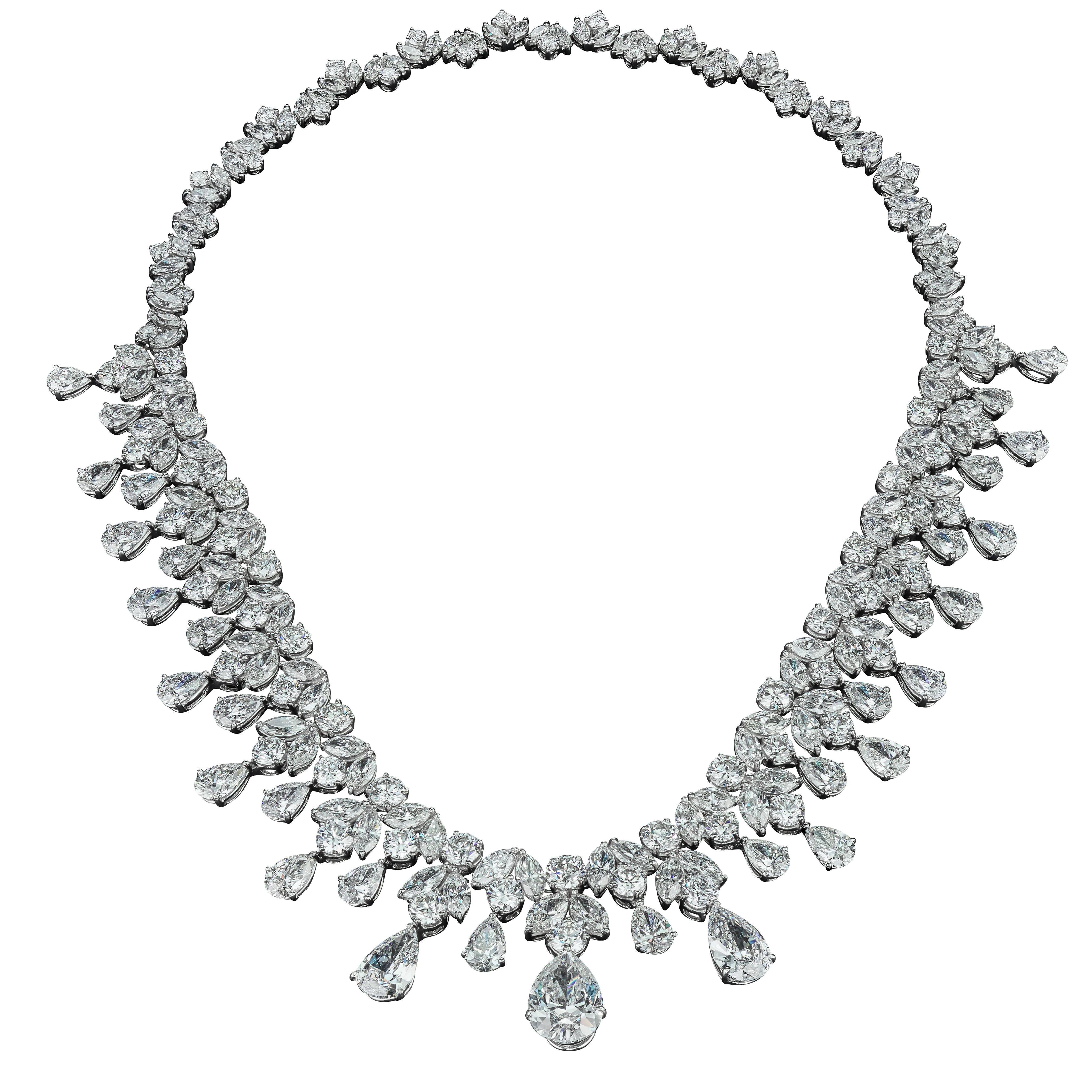 David Rosenberg Platinum 96 Carats Pear and Round Shape Diamond Tiara Necklace 