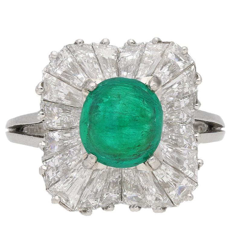 J.E.Caldwell Natural Unenhanced Emerald Cabochon and Diamond Ballerina Ring For Sale