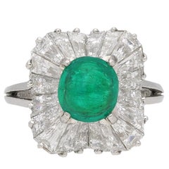 Antique J.E.Caldwell Natural Unenhanced Emerald Cabochon and Diamond Ballerina Ring