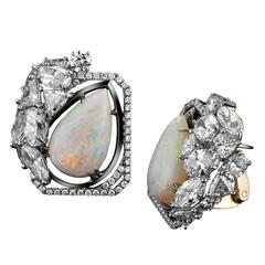 Slanted Pear-Shaped Opal and Diamond Earrings