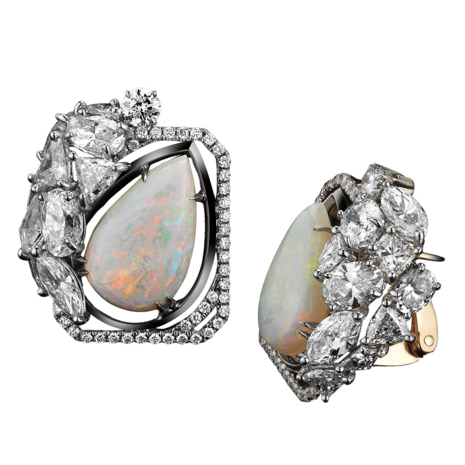 Slanted Pear Shaped Opal And Diamond Earrings For At 1stdibs