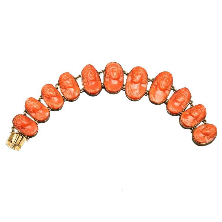 1870s Carved Coral Gold Link Bracelet, Torre del Greco, Italy