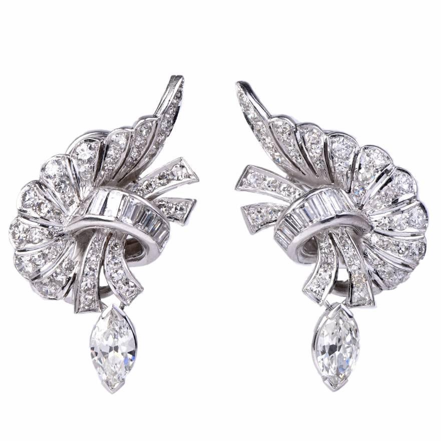 Diamond Platinum Cluster Drop Earrings