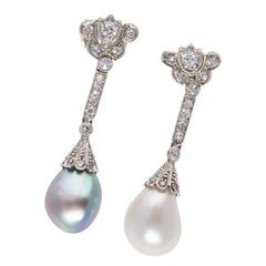 Art Deco Natural Pearl Diamond Platinum Drop Earrings