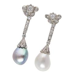 Art Deco Natural Pearl Diamond Platinum Drop Earrings 6