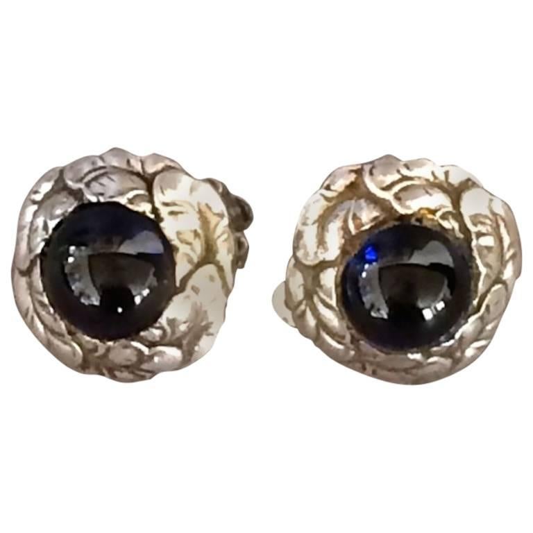 Georg Jensen Sterling Silver Synthetic Sapphire Cabochon Clip-On Earrings No. 74
