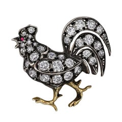Victorian Diamond Silver Gold Rooster Brooch