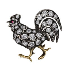 Victorian Diamond Silver Gold Rooster Brooch 3