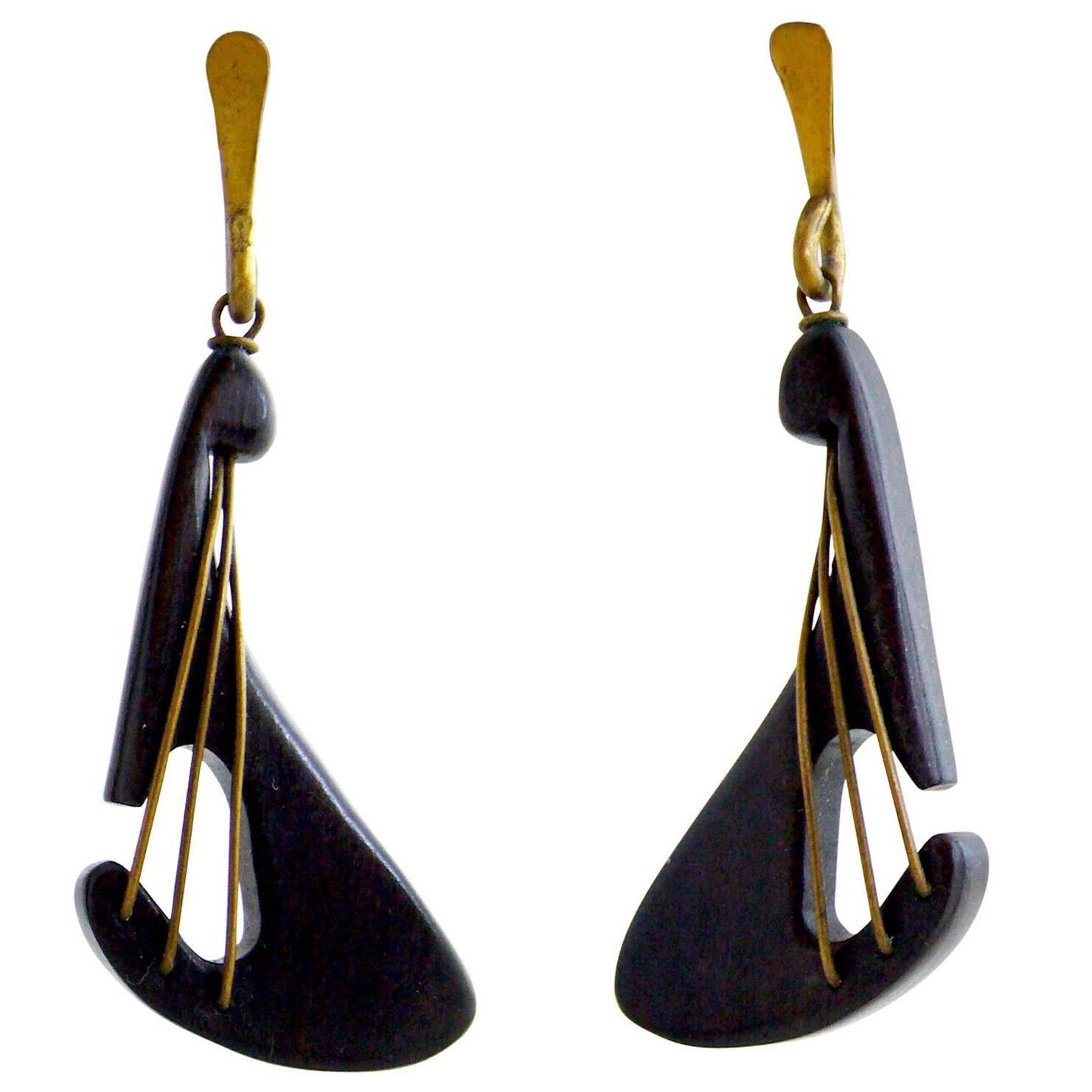 Early American Modernist Exotic Wood Brass Lute Earrings For Sale