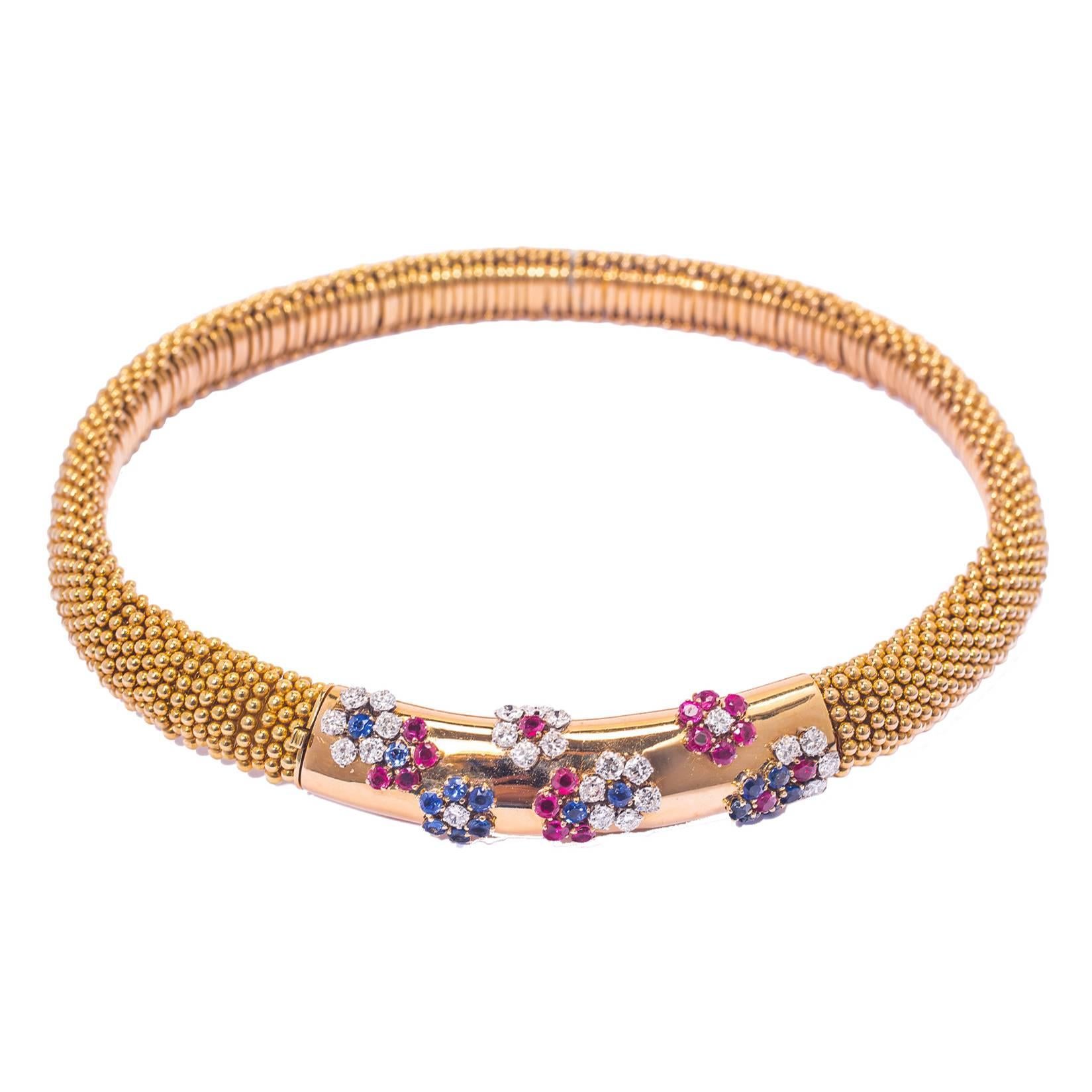 1950s Van Cleef & Arpels Ruby Sapphire Diamond Gold "Couscous" Necklace For Sale
