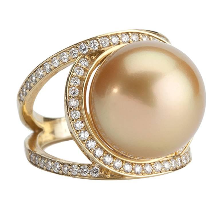 Gorgeous Golden Pearl Diamond Gold Cocktail Ring For Sale at 1stDibs