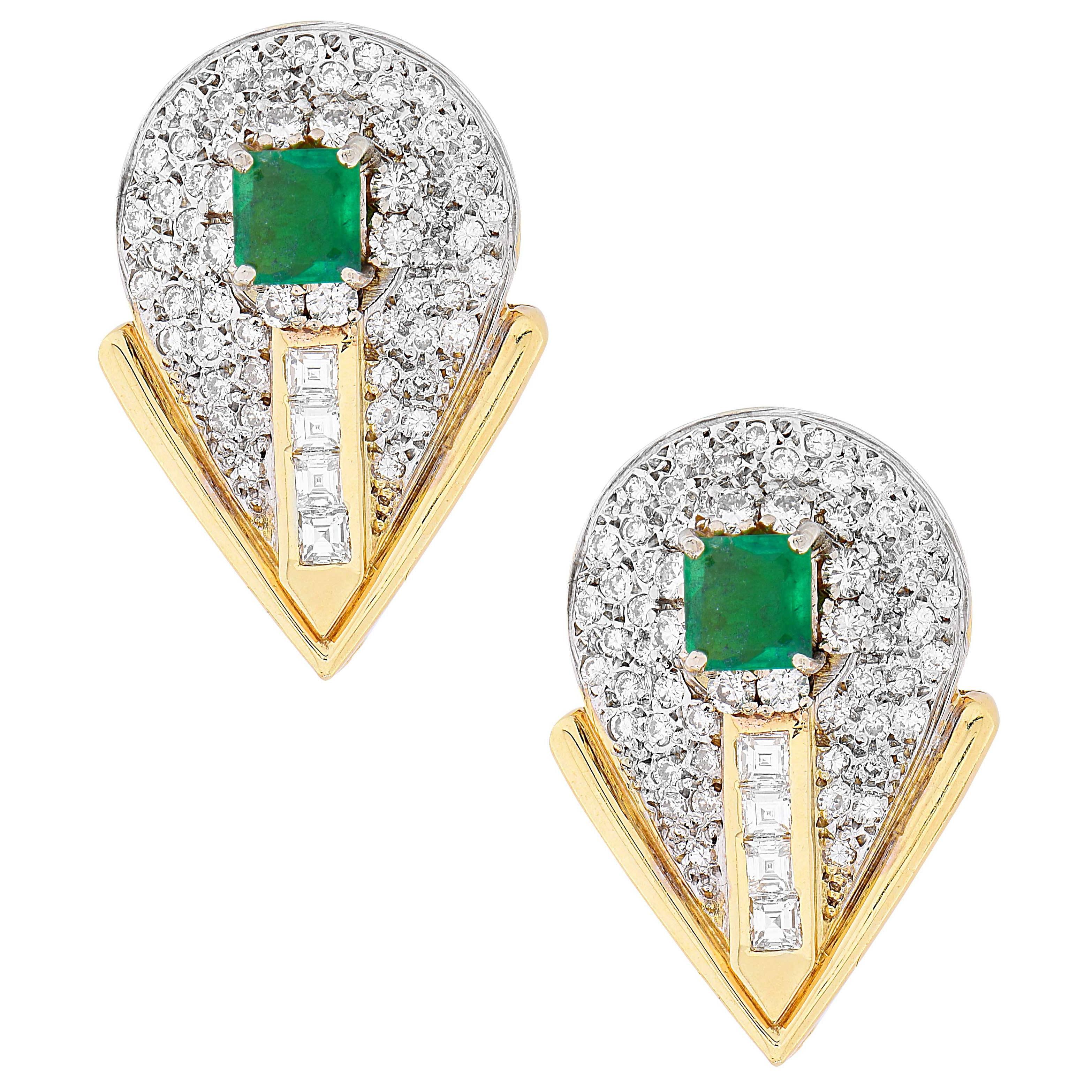 Natural Emerald Diamond Yellow Gold Earrings