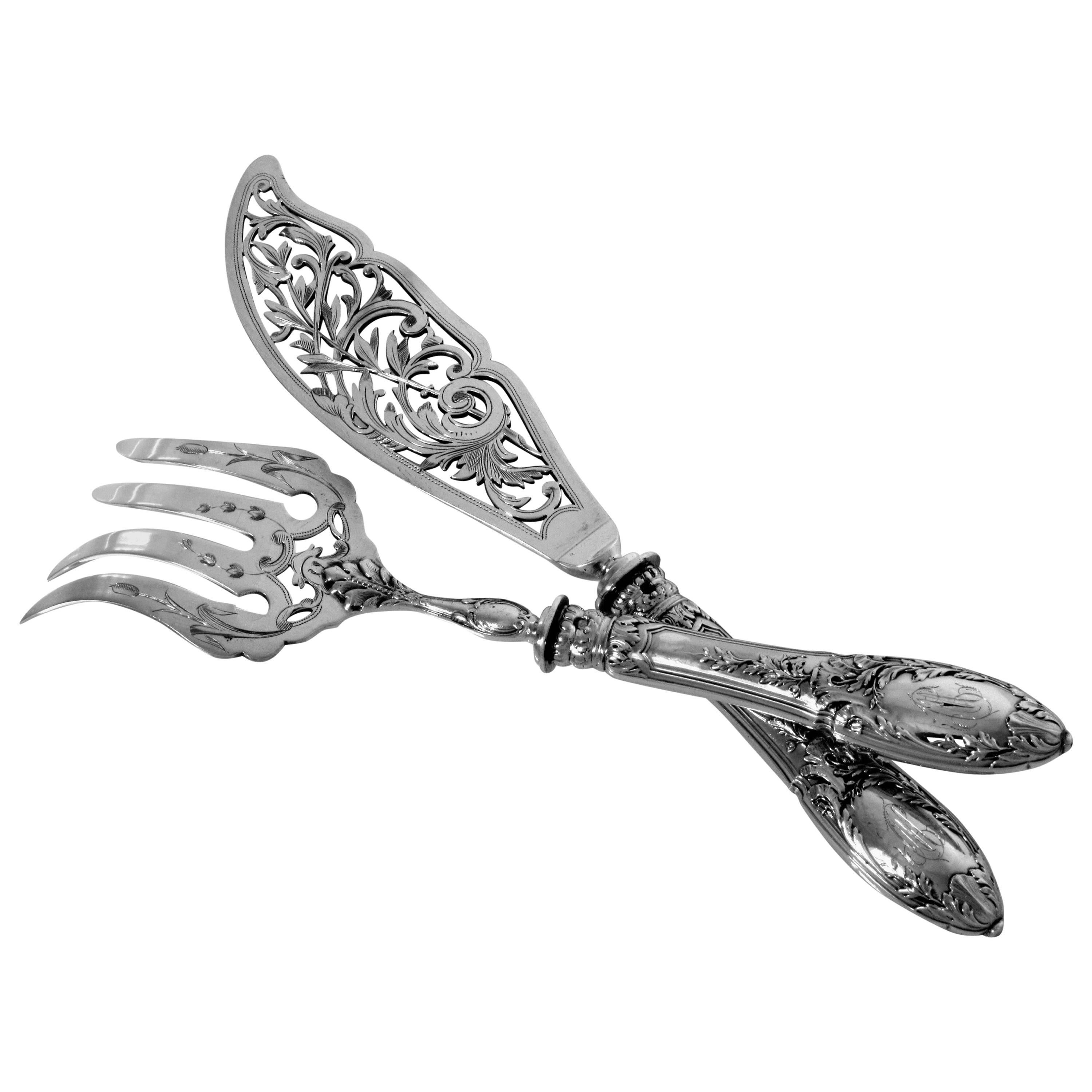 Puiforcat Gorgeous French Sterling Silver Fish Servers 2 pc Foliages For Sale