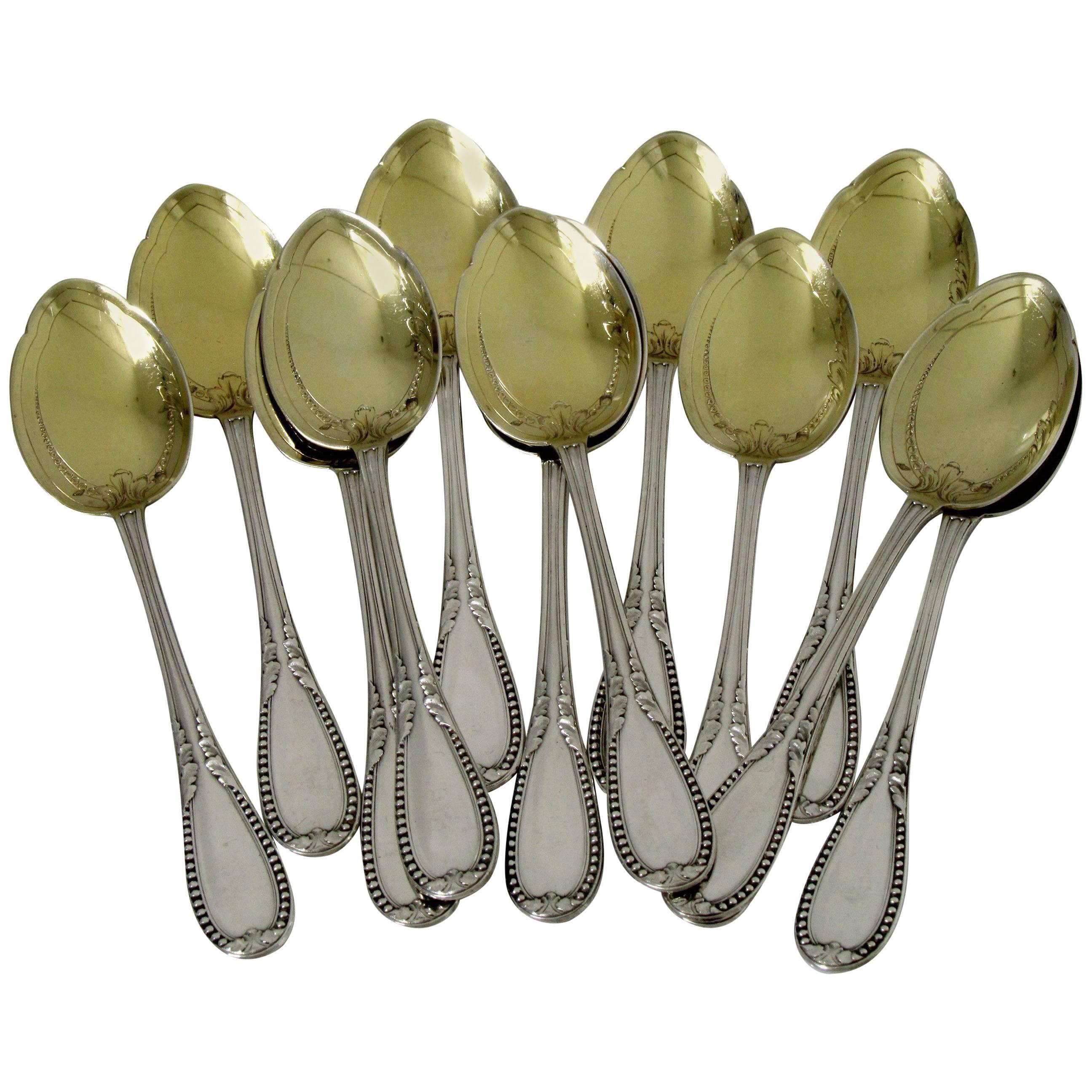 Lapparra French All Sterling Silver Vermeil Ice Cream Spoons Set 12 pc Louis XVI For Sale