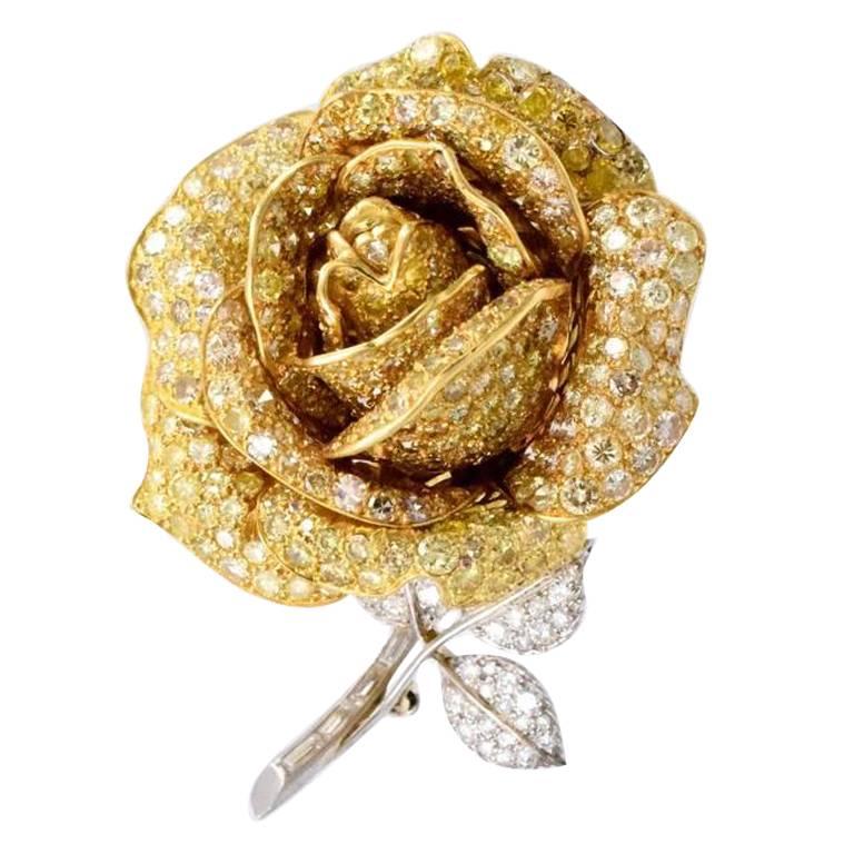 Fancy Yellow and White Diamond Rose Brooch