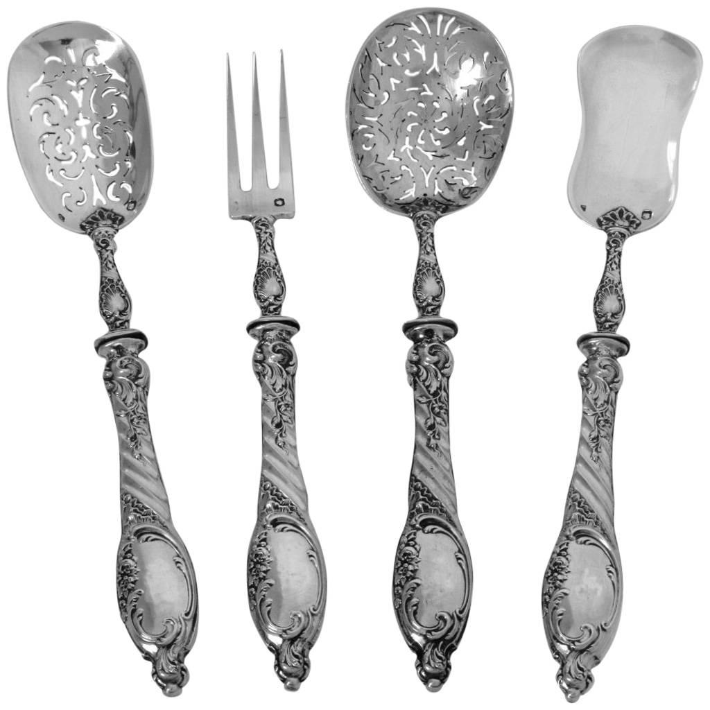 Puiforcat French All Sterling Silver Dessert Hors d'Oeuvre Set 4 pc Rococo For Sale