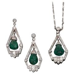 Engraved Emerald Diamond Platinum Demi-Parure 11