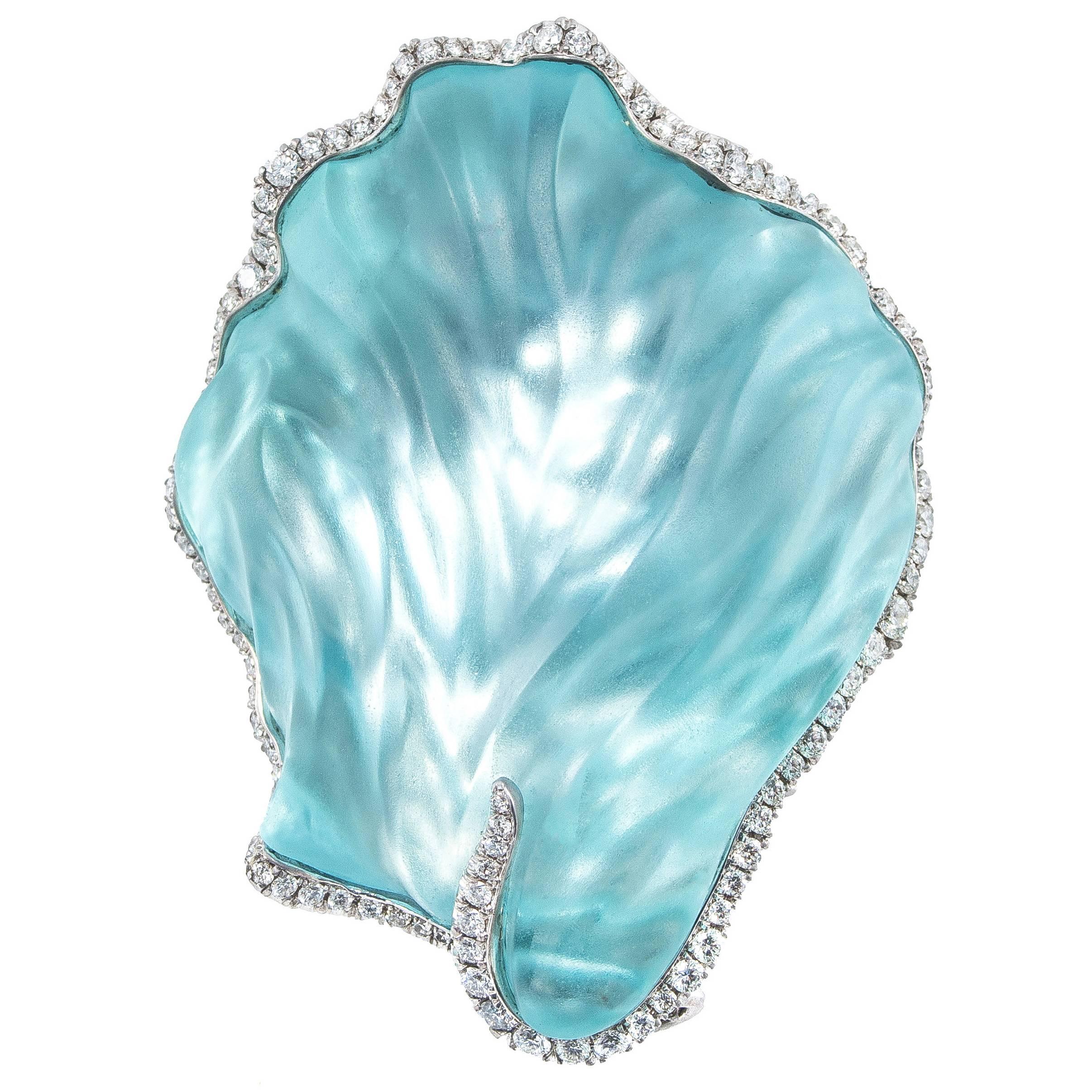 Naomi Sarna Carved Seashell Aquamarine Diamond Gold Brooch For Sale