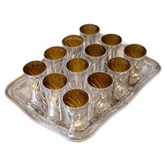 Rare French All Sterling Silver Vermeil Liquor Cups 12 pc w/Tray Rococo Rare French All Sterling Silver Vermeil Liquor Cups 12 pc w/Tray Rococo