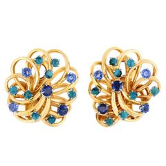 Vintage 1940s Boucheron Paris Turquoise Sapphire Gold ear clips
