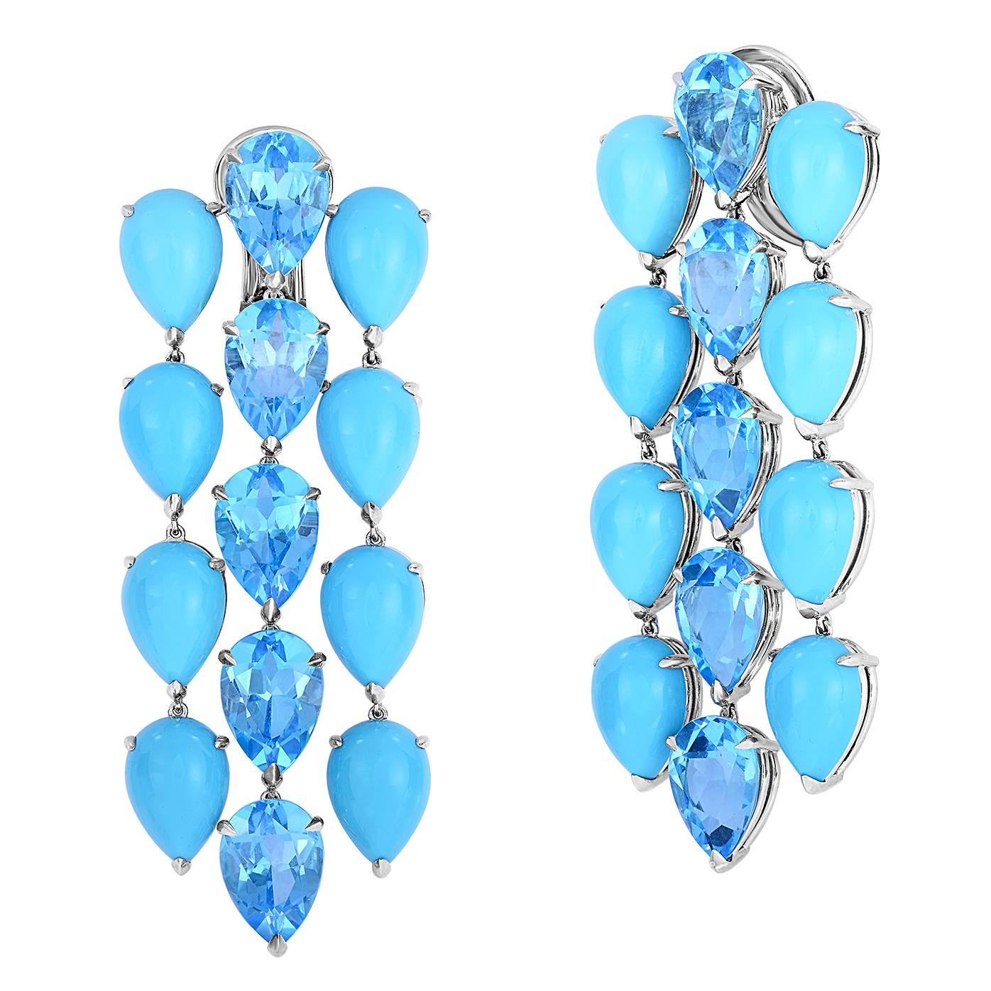 Georg Hornemann Turquoise Blue Topaz Gold Chandelier Earrings For Sale
