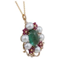 White South Sea, Diamond, Ruby and Green Tourmaline Gold Pendant