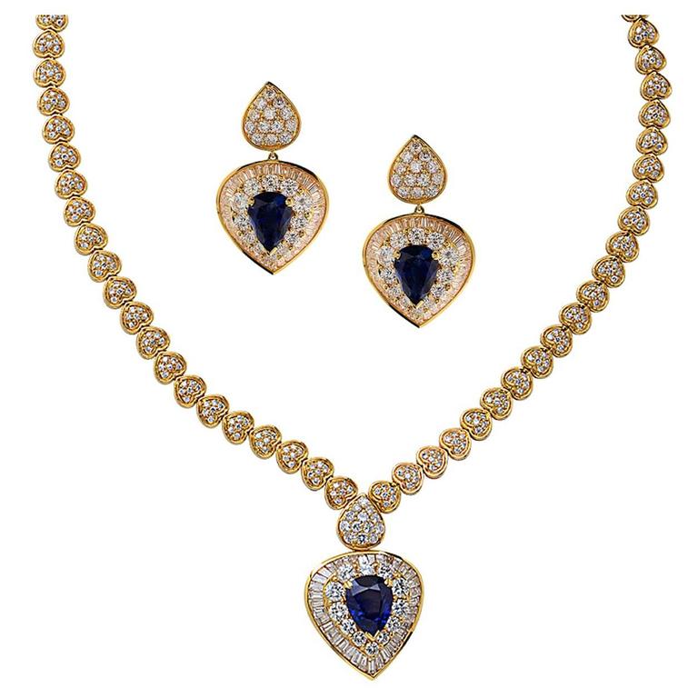 Elegant Sapphire Diamond Gold Necklace and Earring Set at 1stDibs