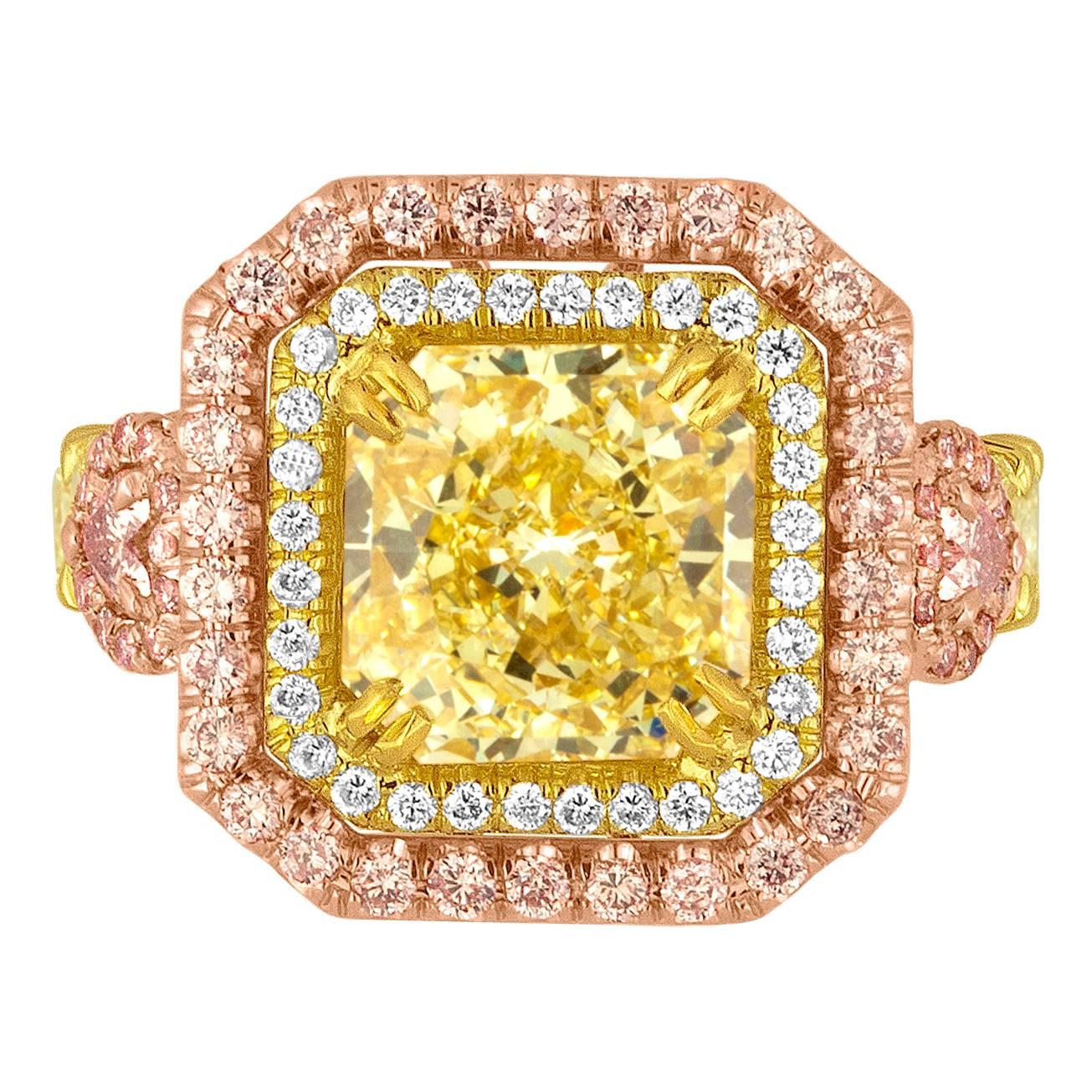 GIA Fancy Yellow 4.02 Carat Diamond Accented With Fancy Pink Diamonds