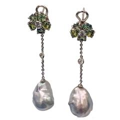 Baroque Pearl Diamond Green Sapphire Earrings