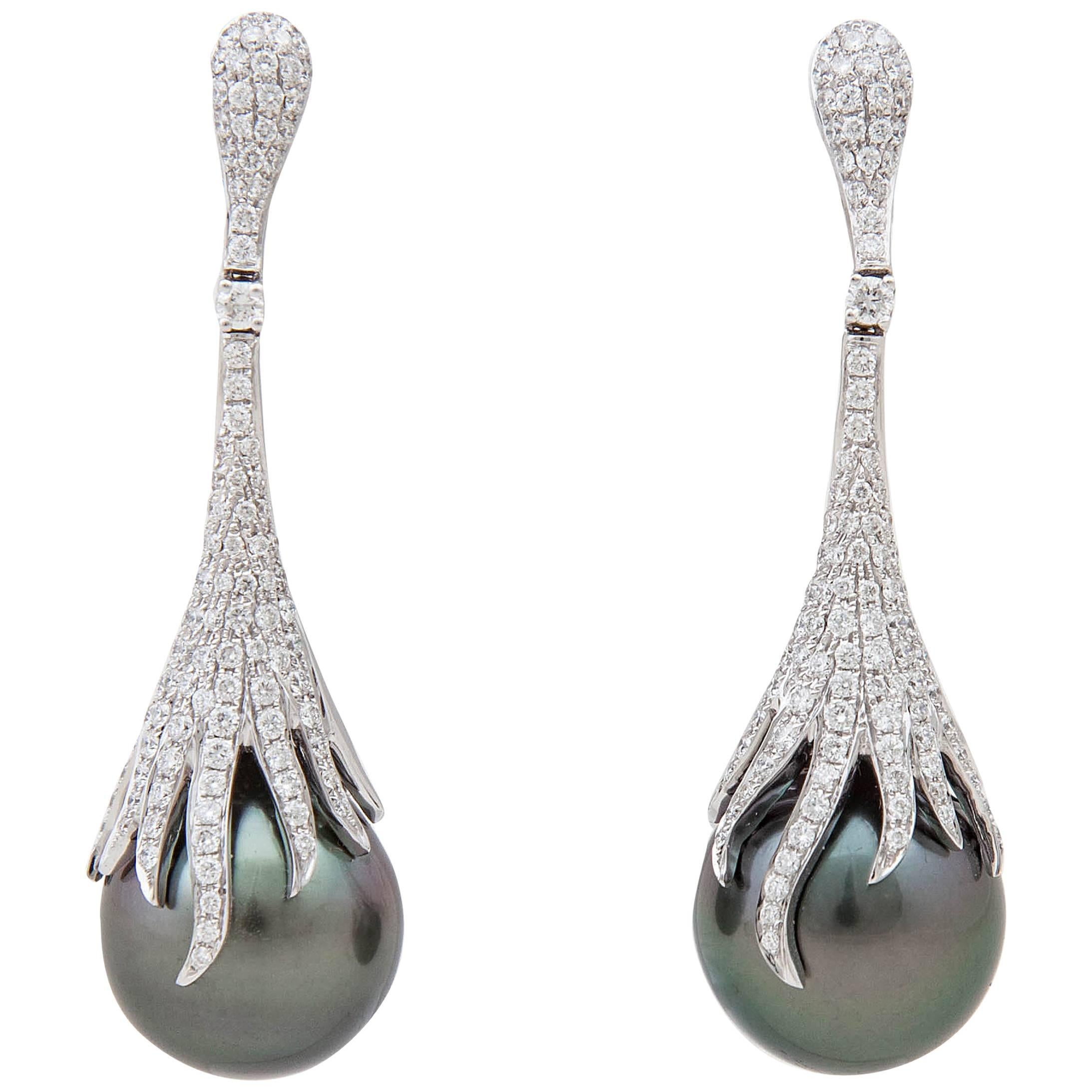 Tahitian Pearl Diamond Gold Drop Earrings For Sale