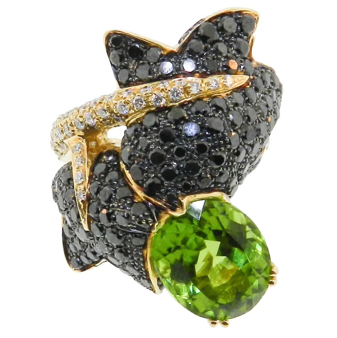 Gaspari Peridot Black Pave Diamond Gold Cocktail Ring 