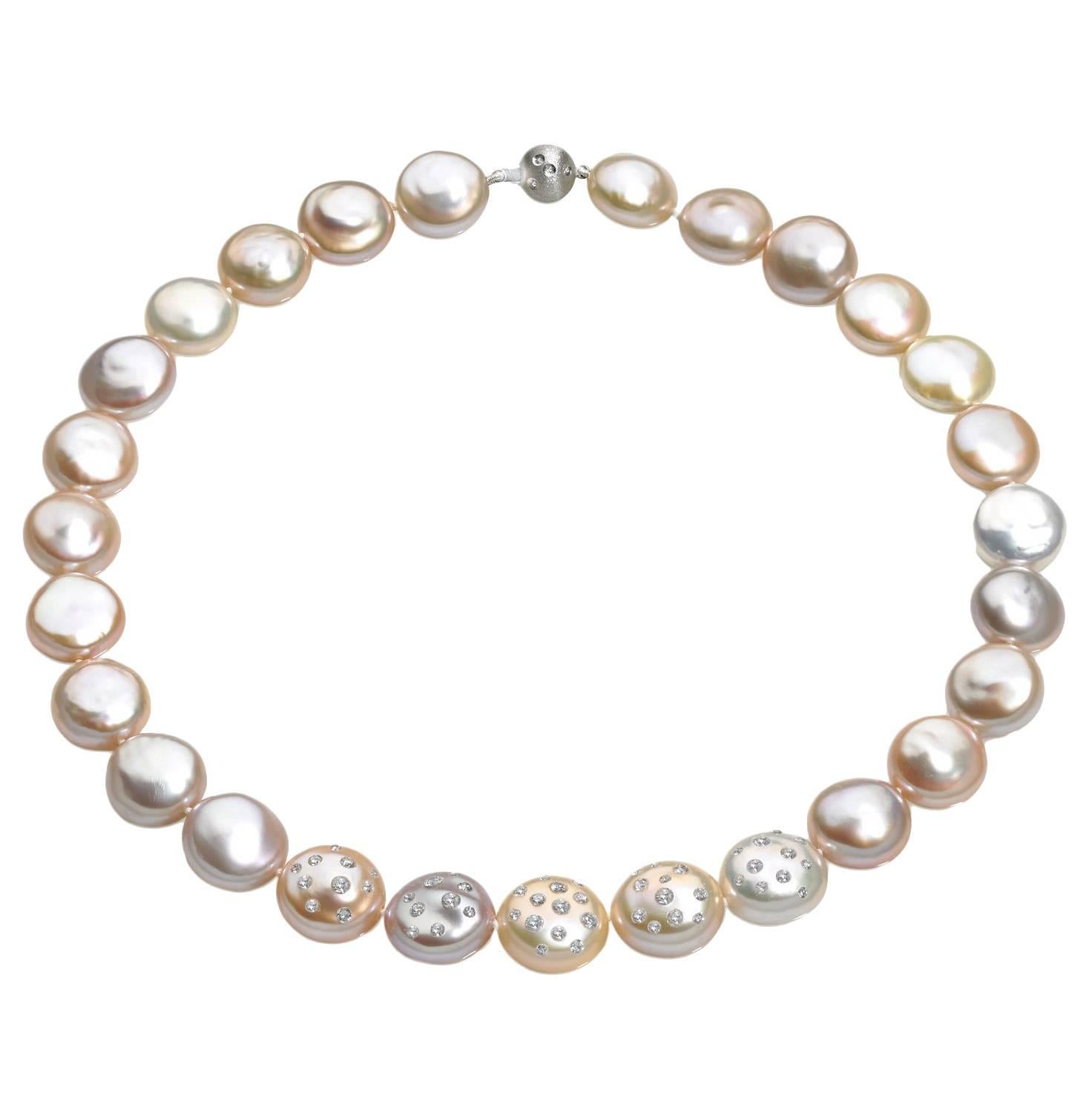 Russell Trusso Diamond Embedded Graduated Multicolored Coin Pearl Necklace