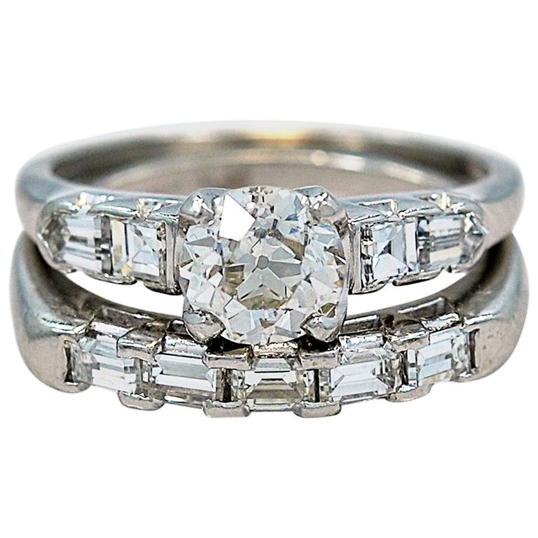 Art Deco Diamond Platinum Engagement Wedding Set at 1stDibs