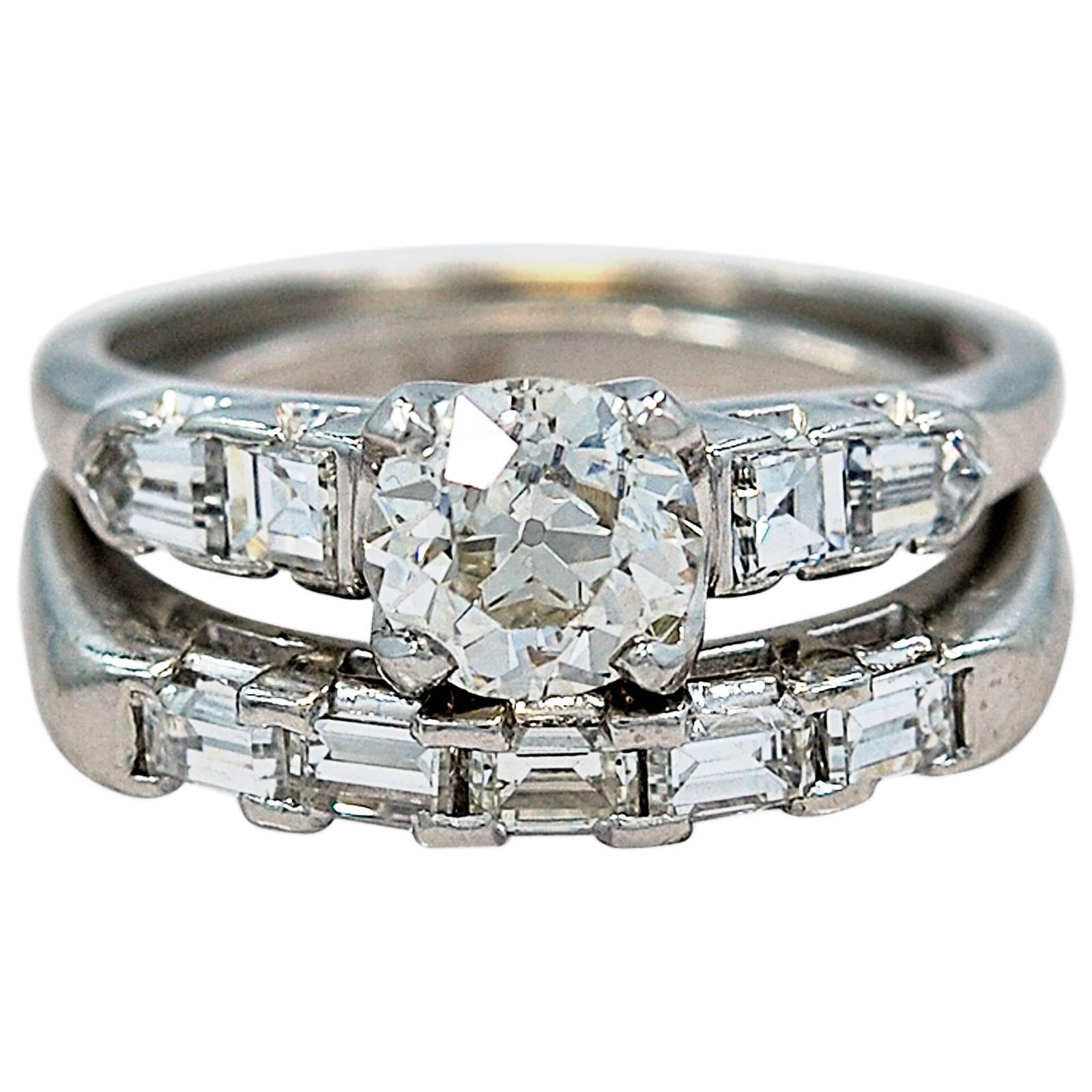 Art Deco Diamond Platinum Engagement Wedding Set