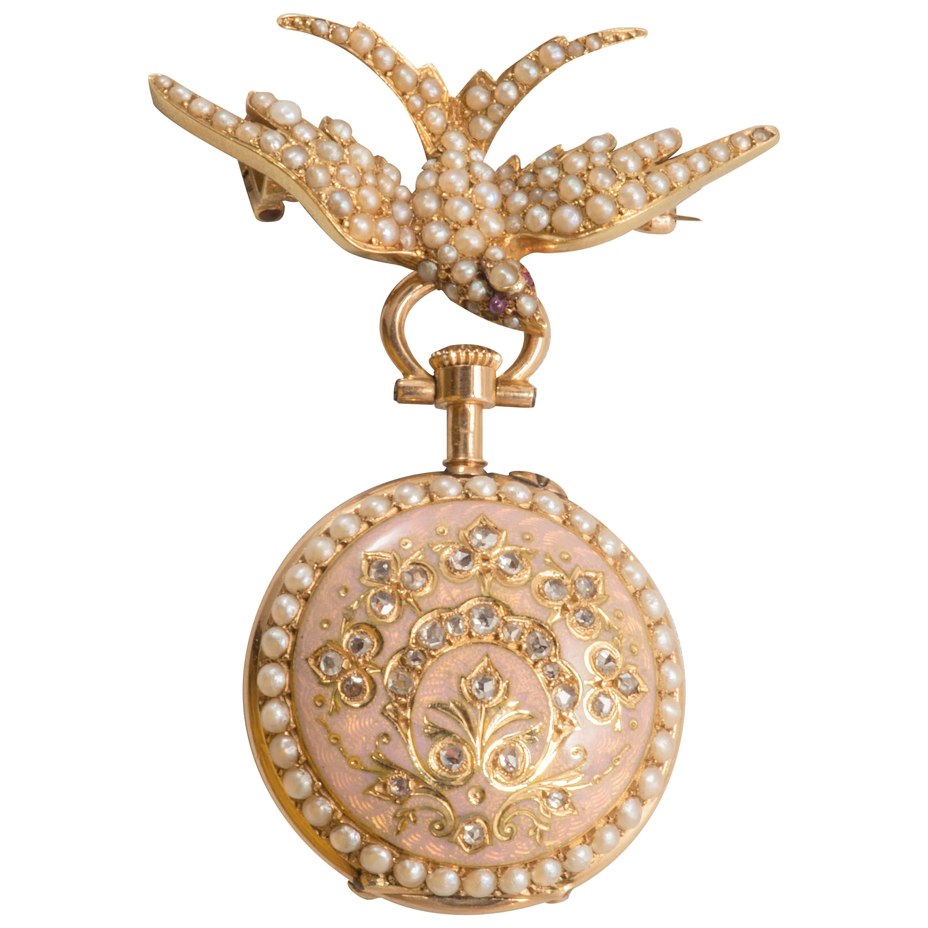 Russian Ladies Enamel Natural Pearl Gold Pendant Watch For Sale