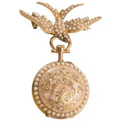 Russian Ladies Enamel Natural Pearl Gold Pendant Watch