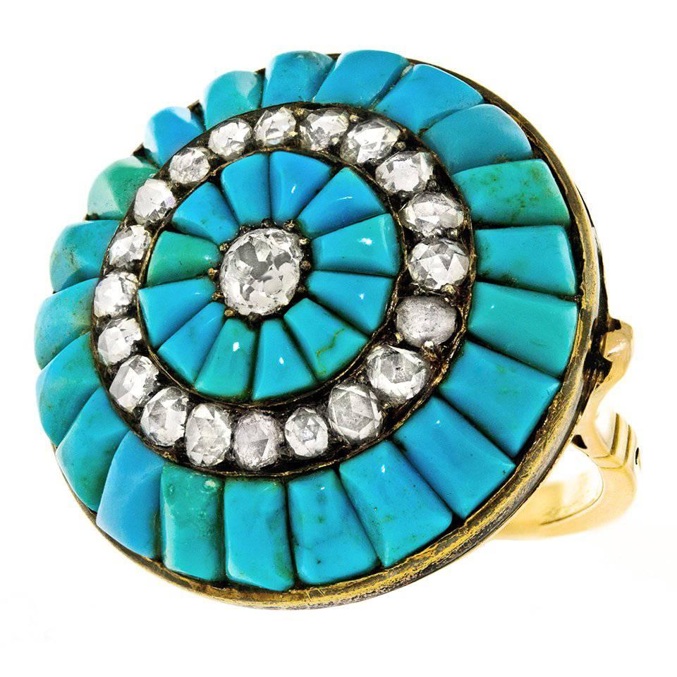 Antique Persian Turquoise and Diamond Set Gold Ring