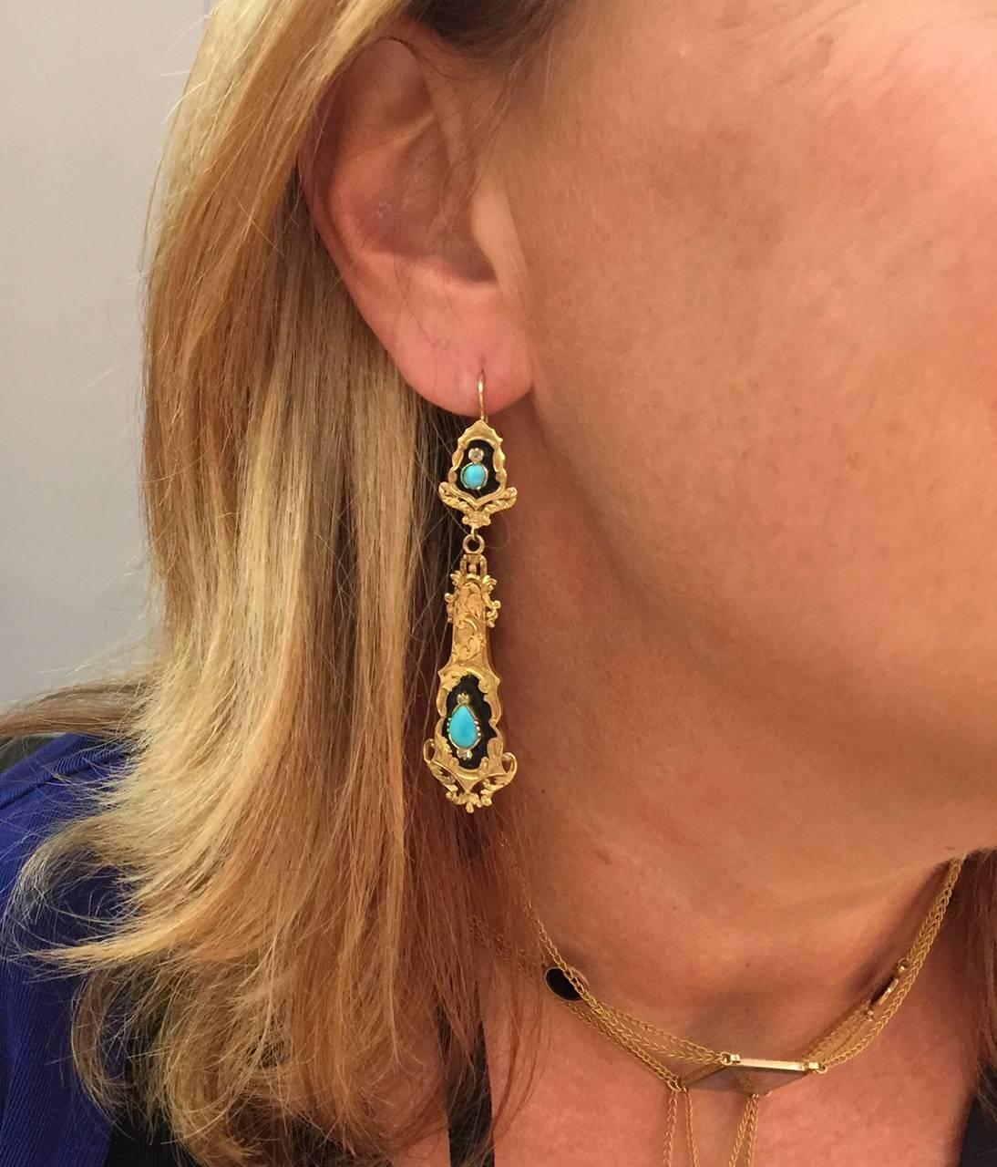 Antique French Enamel Turquoise Diamond Chandelier Earrings In Excellent Condition In Stamford, CT