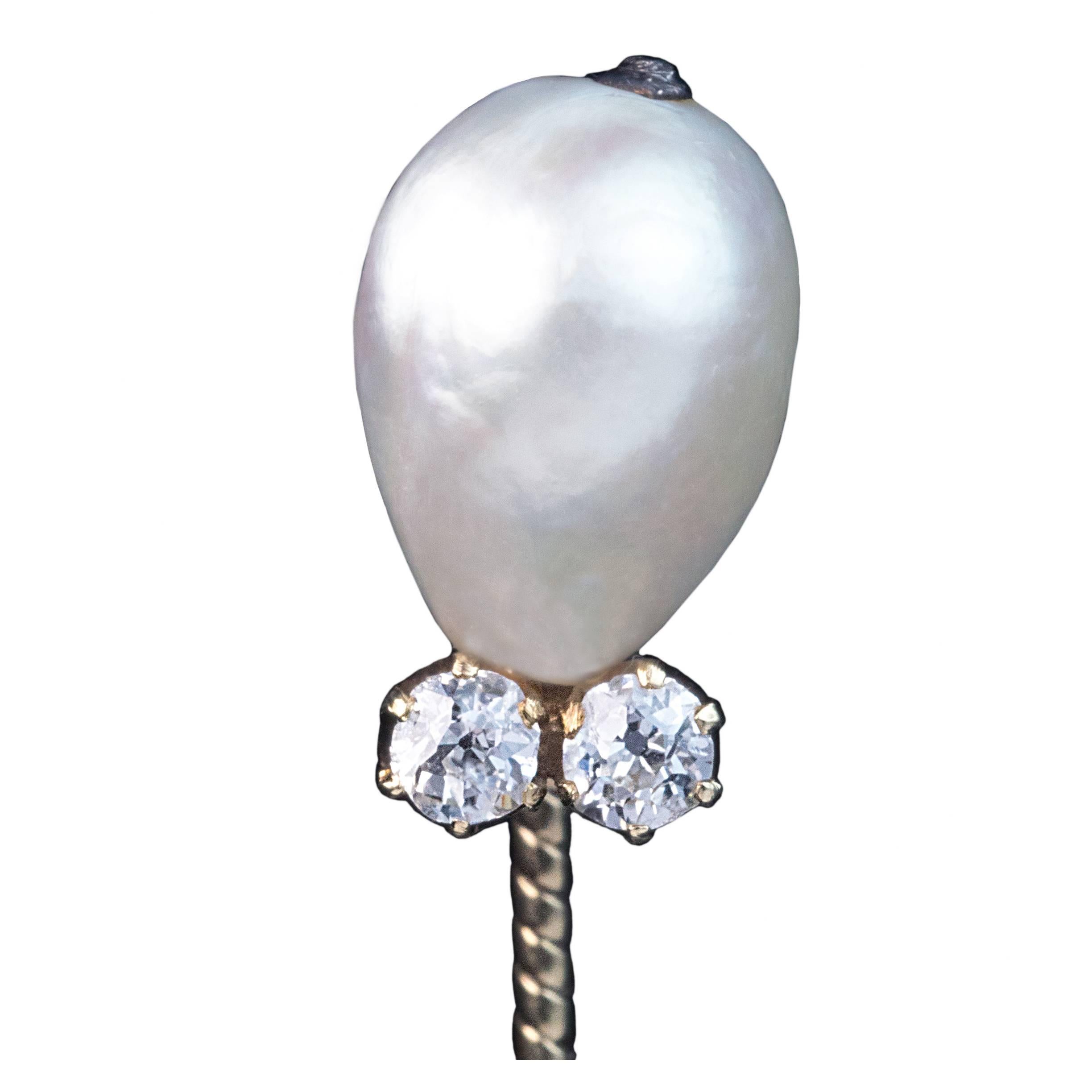 1890s Faberge Antique Natural Pearl Diamond Gold Stickpin  For Sale