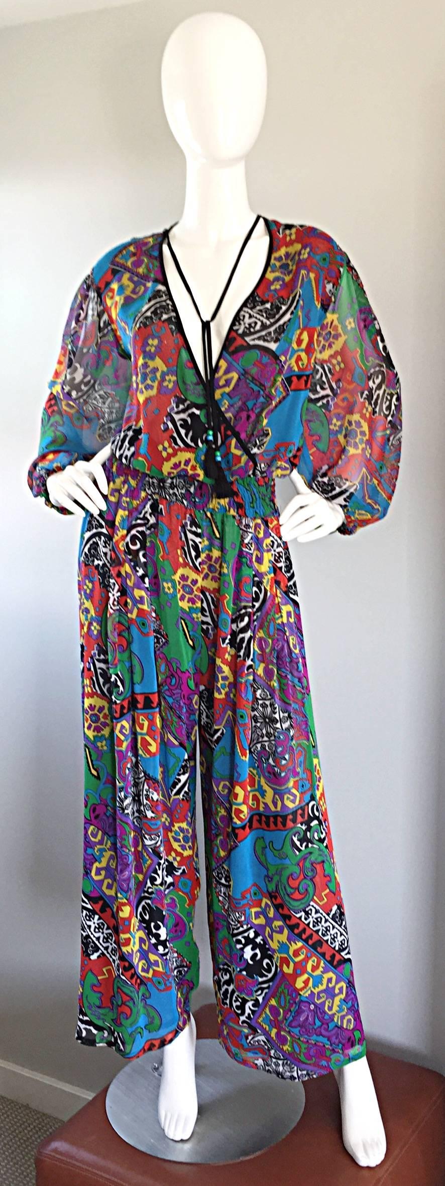 Most definitely one of my favorite Diane Fres / Diane Freis pieces EVER!!! Amazing vintage Diane Fres jumpsuit, with so much style! Plunging neckline (can easily add a snap for a more conservative look), with beaded fringed tassels. Billowy sleeves,