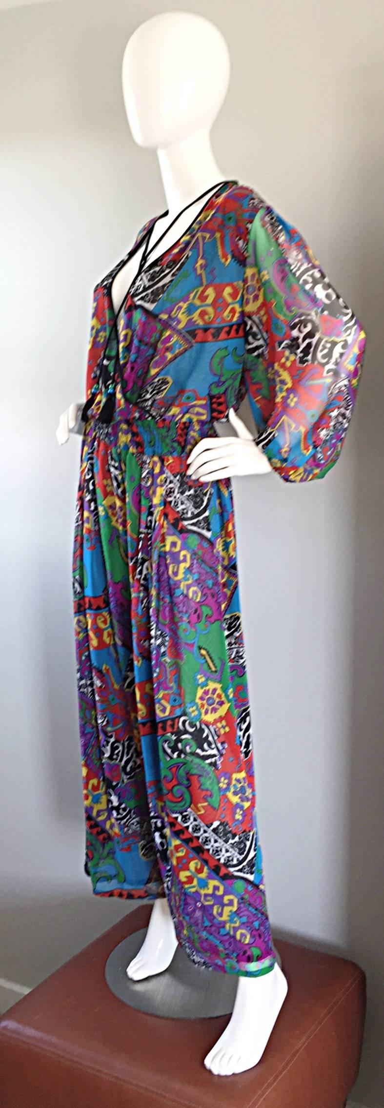 Amazing Vintage Diane Fres Colorful Psychedelic Boho Jumpsuit w/ Tassels   1
